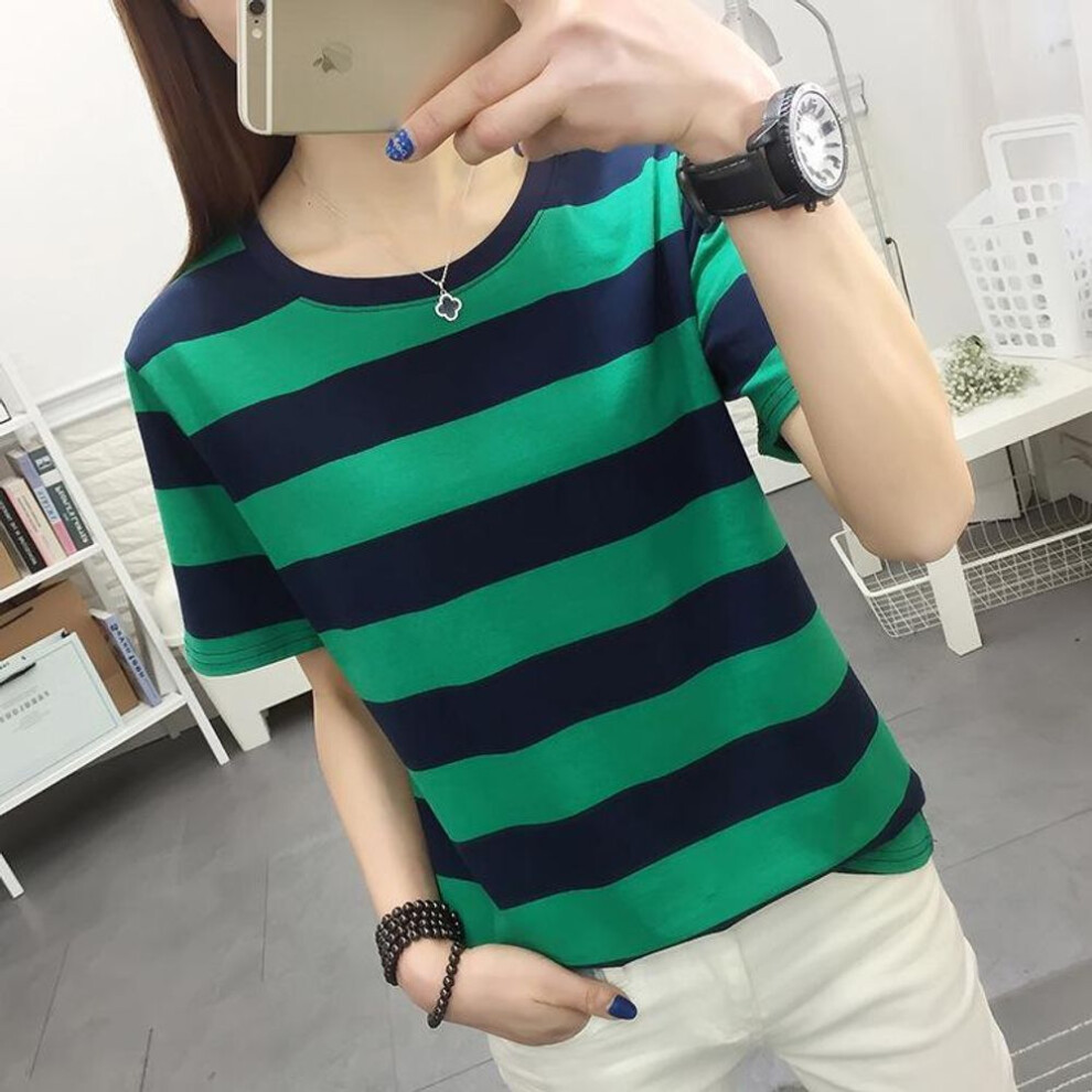 (green, 2XL) "2024 Plus Size Women's Loose Short-Sleeve Black & White Striped Cotton T-Shirt