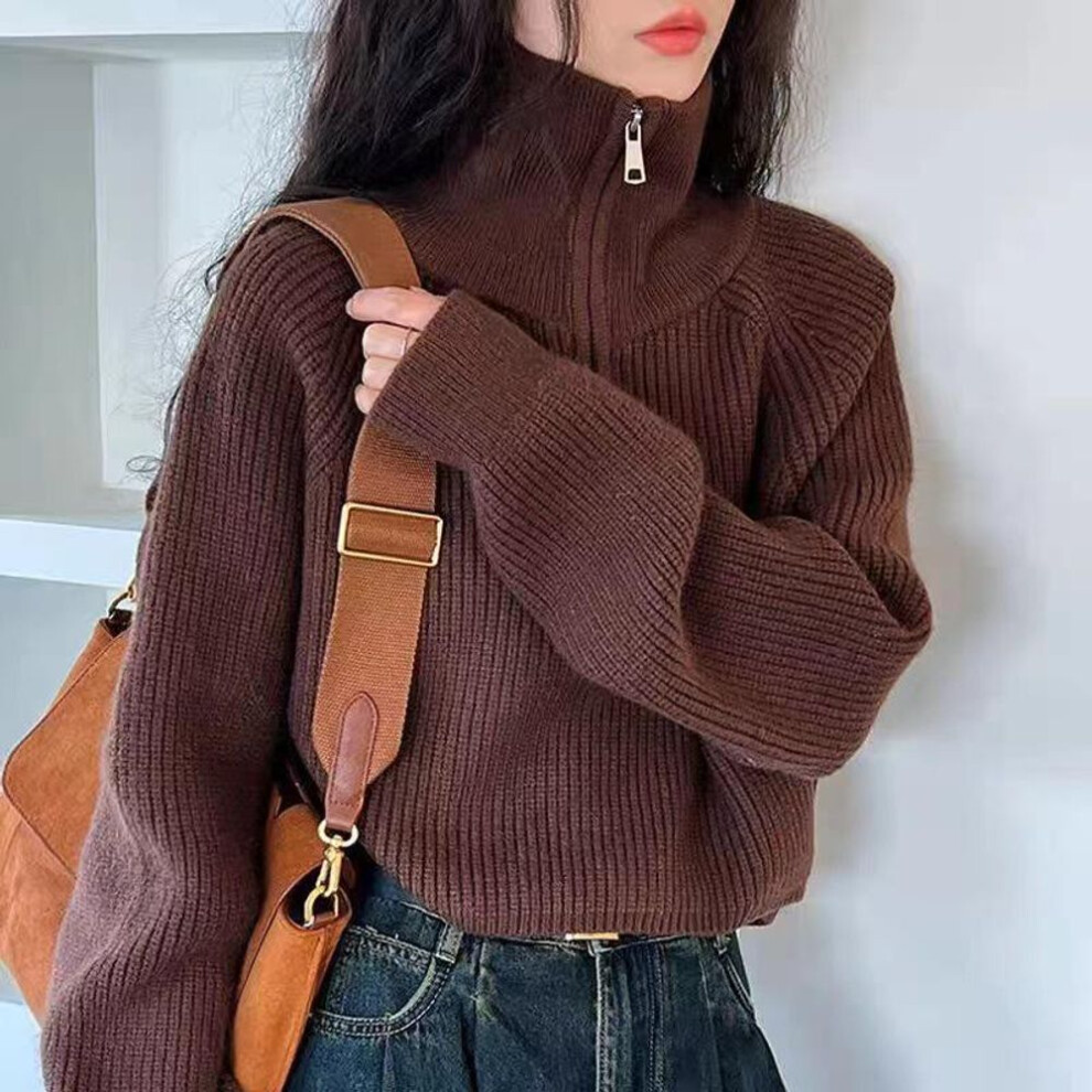 (white, One Size) "2025 Korean Stand Collar Half-Zip Thick Knit Sweater for Women