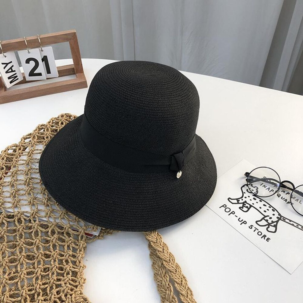 (black, Adjustable) "hepburn-style Women's Straw Sun Hat: Perfect For Summer, Beach Vacations, And Sun Protection