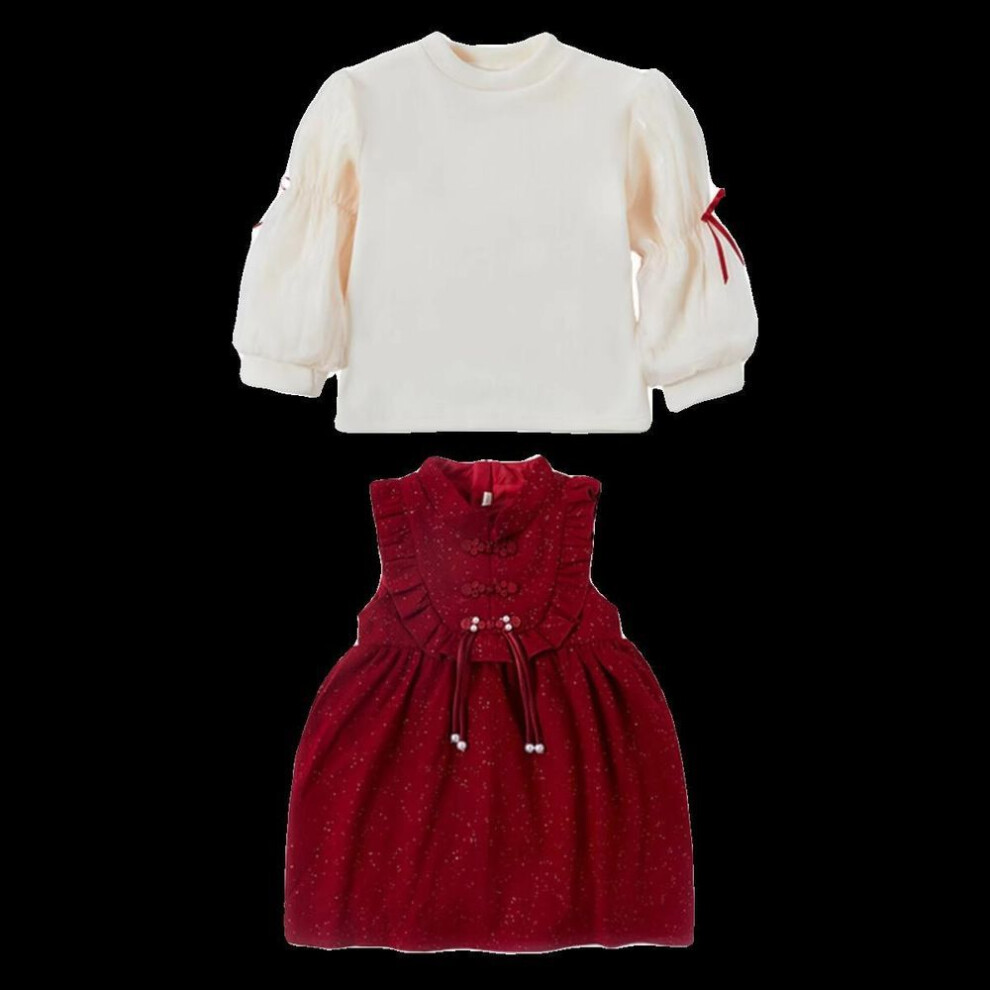 (Size 120) "girls' Velvet Buttoned Dress - 2024 Autumn/winter Korean Princess Style