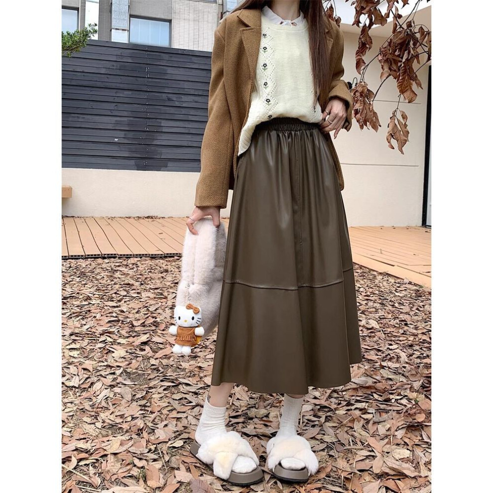 (coffee, 3XL) 2024 Autumn/winter Pu Leather Midi Skirt - Versatile Fashion With Elastic Waist And Umbrella Design.