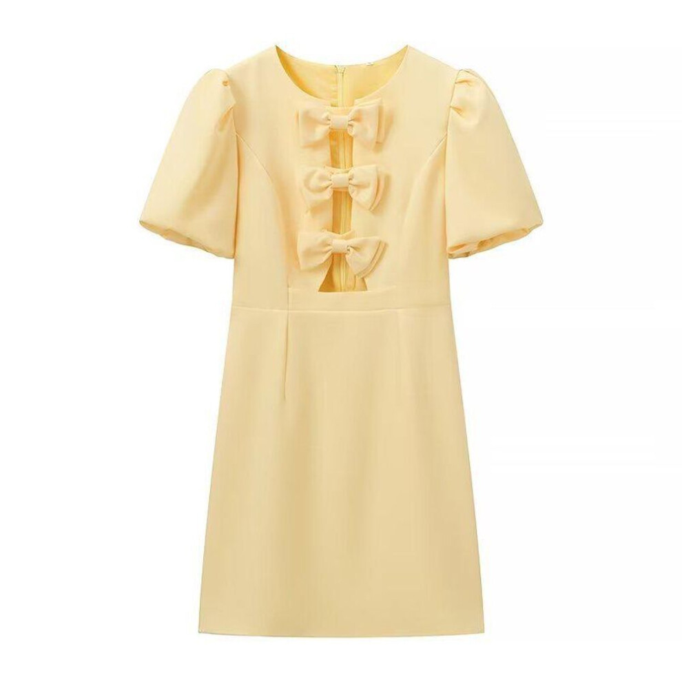 (yellow, Large) "2024 Spring Women's Fashion Bowknot Print Dress