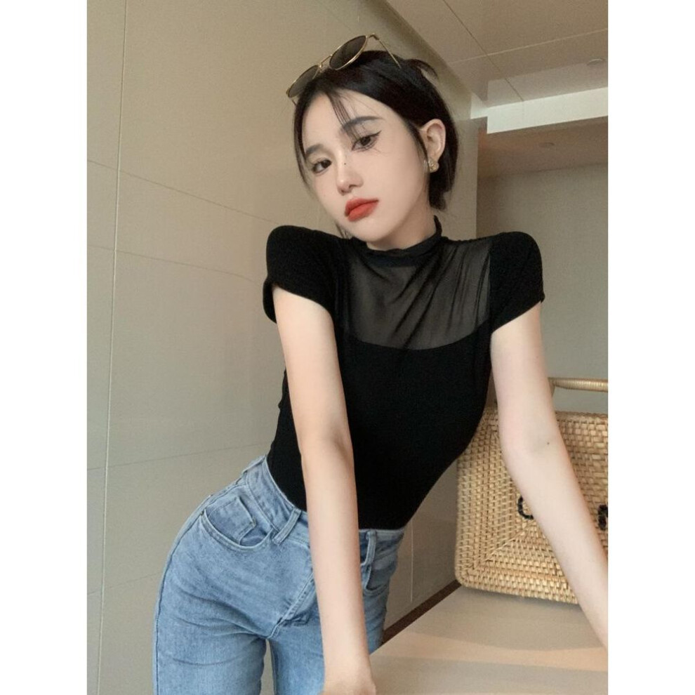 (black, Medium) "Women's Summer Black Mesh Lace Splice Slim T-Shirt: Short-Sleeve Fashion Top