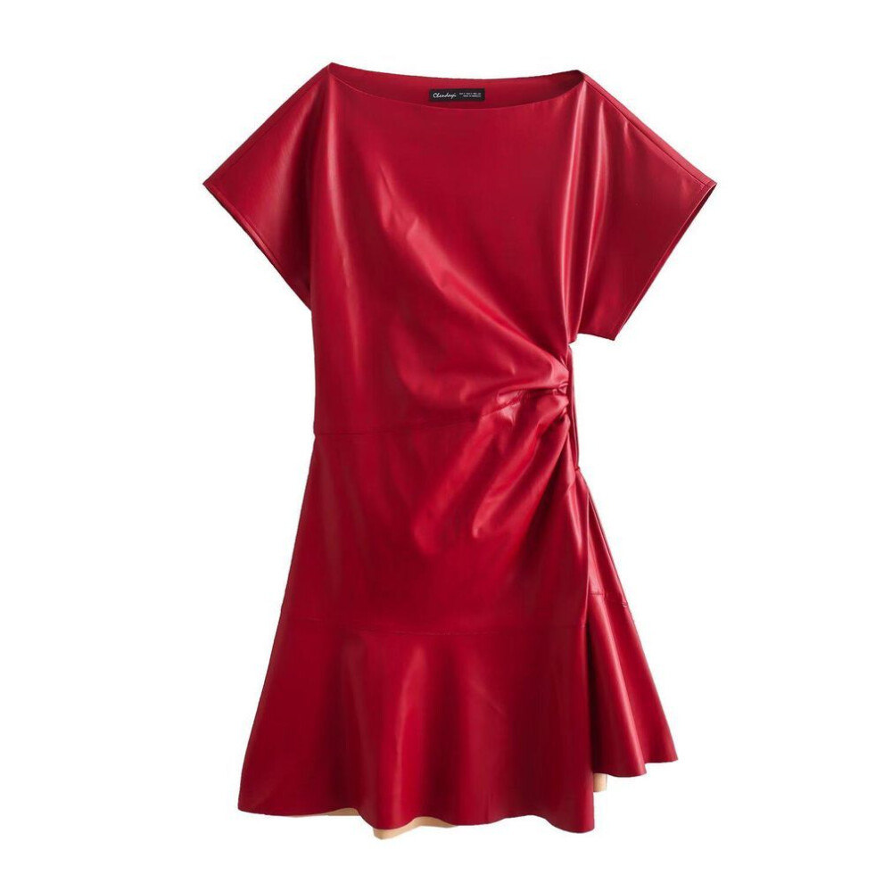 (Large) "2024 Spring/Summer European-American Women's Red Leather Slim Pleated Short Sleeve Dress
