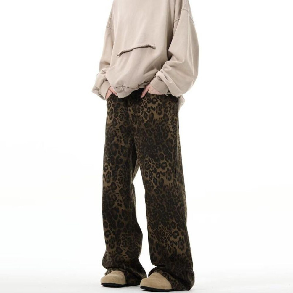 (M) "Unisex Retro Leopard Print Straight-Leg Jeans: American Casual Style