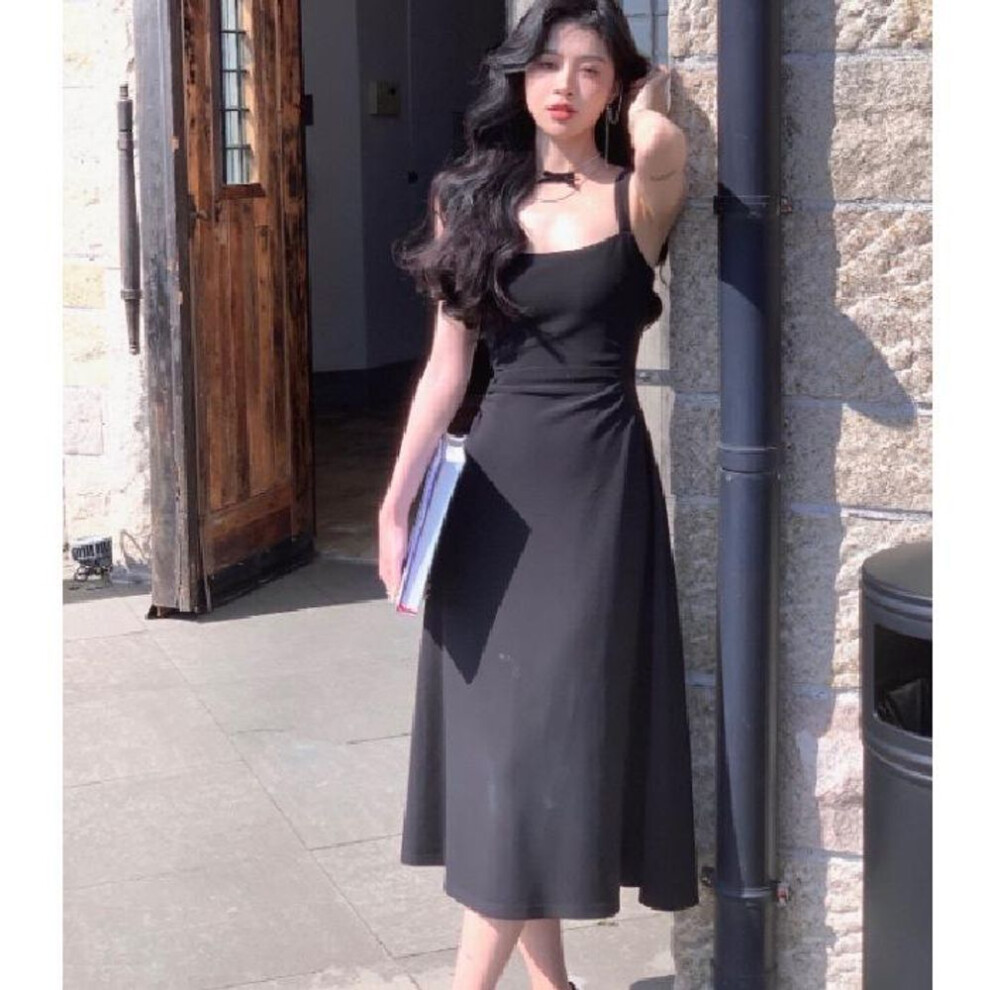 (black, S) French Style Solid Color Square Neck Maxi Dress - 2025 Summer Edition