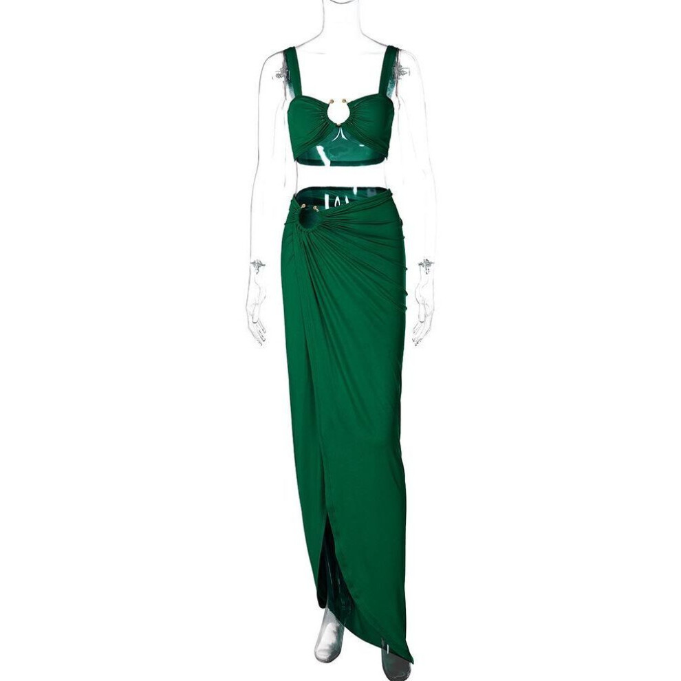 (green, Large) "2024 Summer Sexy Pleated Tube Top Slit Skirt Suit