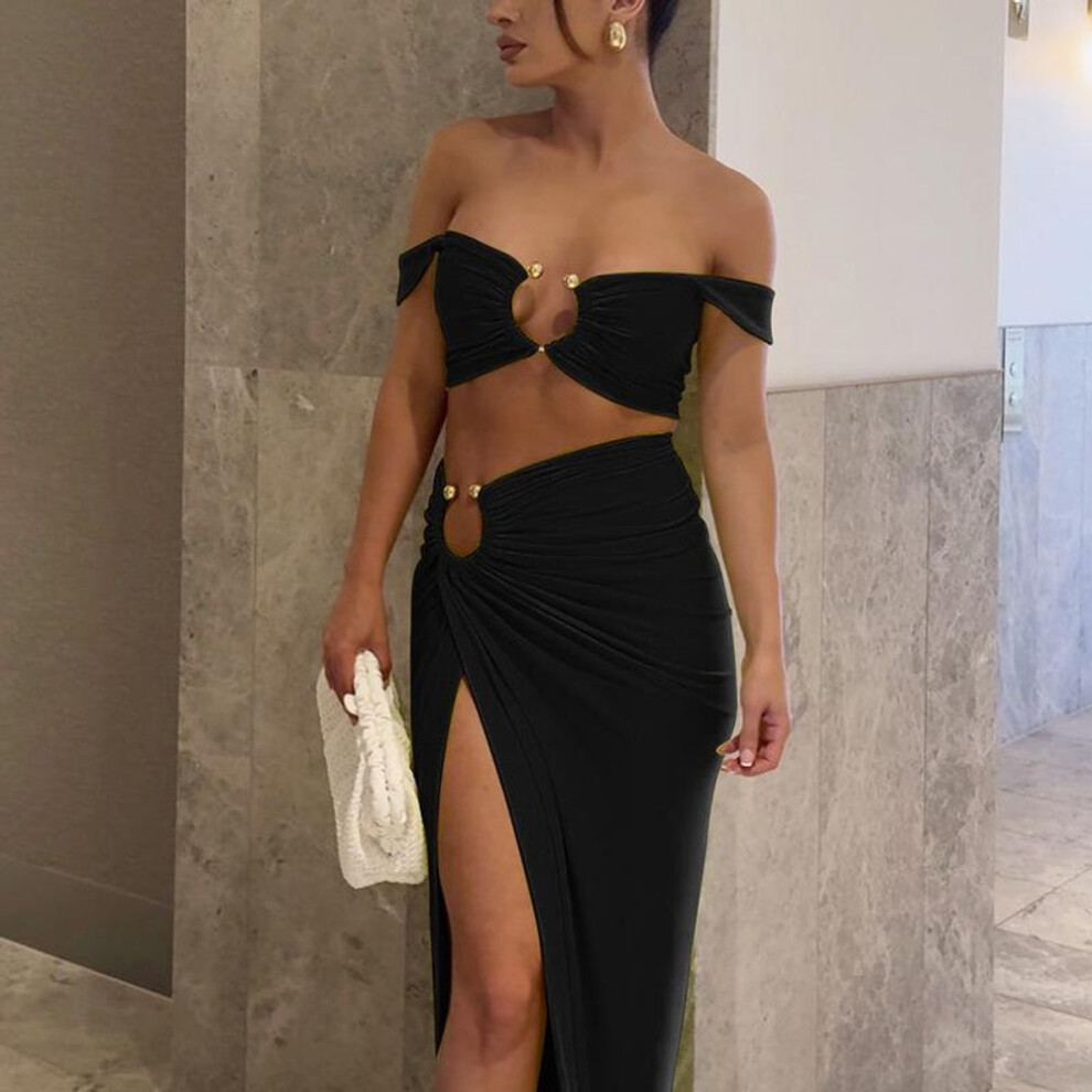 (black, Medium) "2024 Summer Sexy Pleated Tube Top Slit Skirt Suit