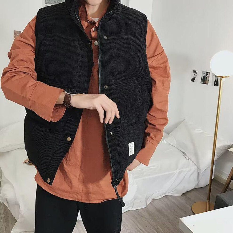 (black, 2XL) "men's Winter Hong Kong Style Corduroy Thickened Loose Waistcoat