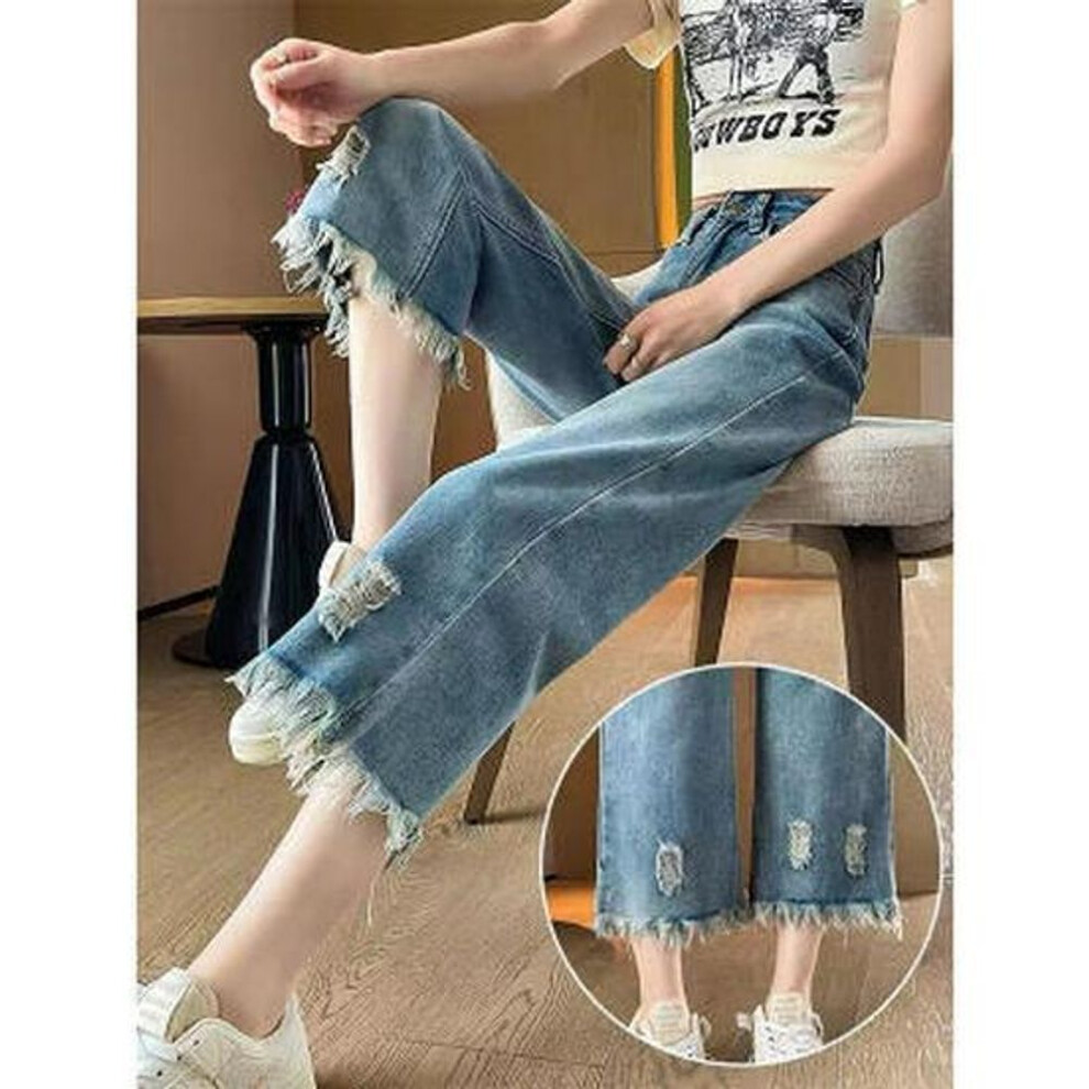 (light blue, L) Women's High-waisted Ripped Jeans, Spring/summer 2024: Loose, Tassel, Wide-leg, 9-point Length