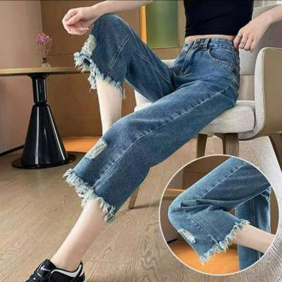 (dark blue, 3XL) Women's High-waisted Ripped Jeans, Spring/summer 2024: Loose, Tassel, Wide-leg, 9-point Length