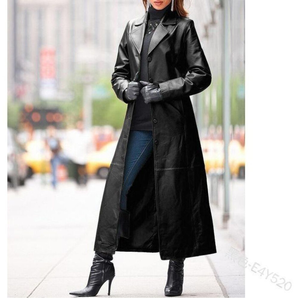 (black, M) European-american Women's Slim Fit Leather Trench Coat With Buttons - Long Style In Plus Sizes