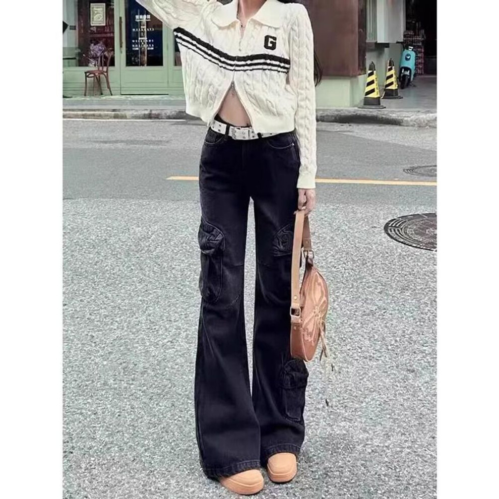 (black gray, 2XL) High-Waisted Retro Distressed Flared Jeans for Women
