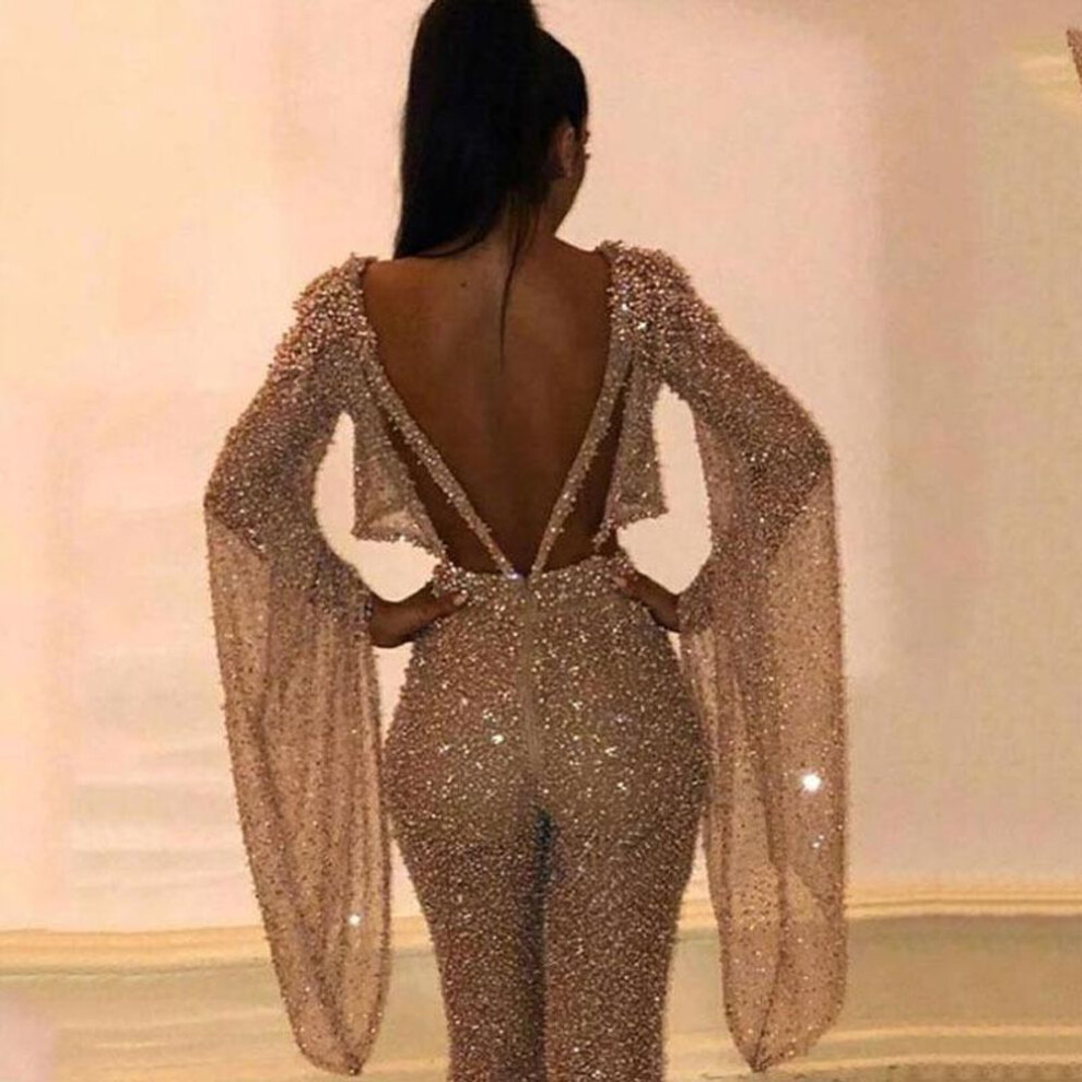 (gold, M) "2025 Women's European & American Style Backless Jumpsuit - Sexy, Long-Sleeved, Fake Two-Piece, Casual Trousers
