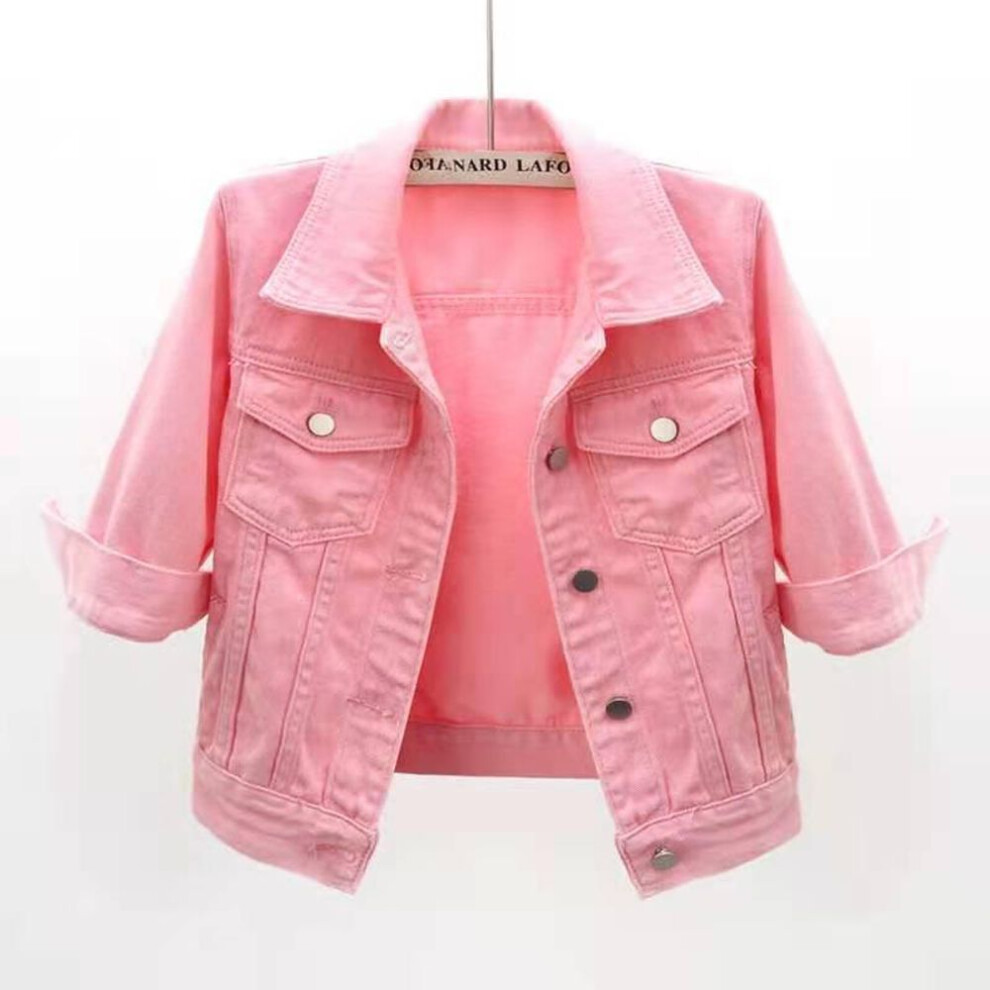 (pink, M) Korean Slim Mid-sleeve Denim Jacket – Women's Short Three-quarter Sleeve Shawl Top