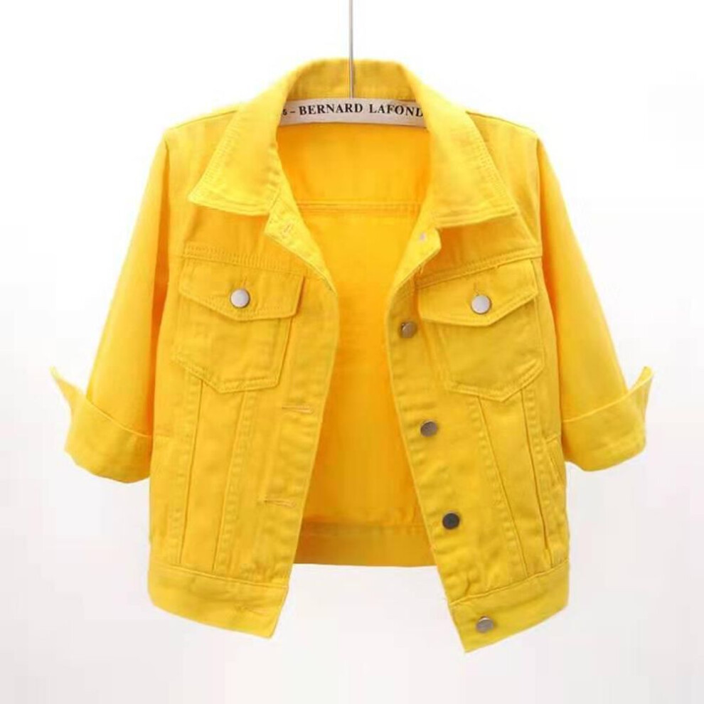 (yellow, S) Korean Slim Mid-Sleeve Denim Jacket – Women's Short Three-Quarter Sleeve Shawl Top