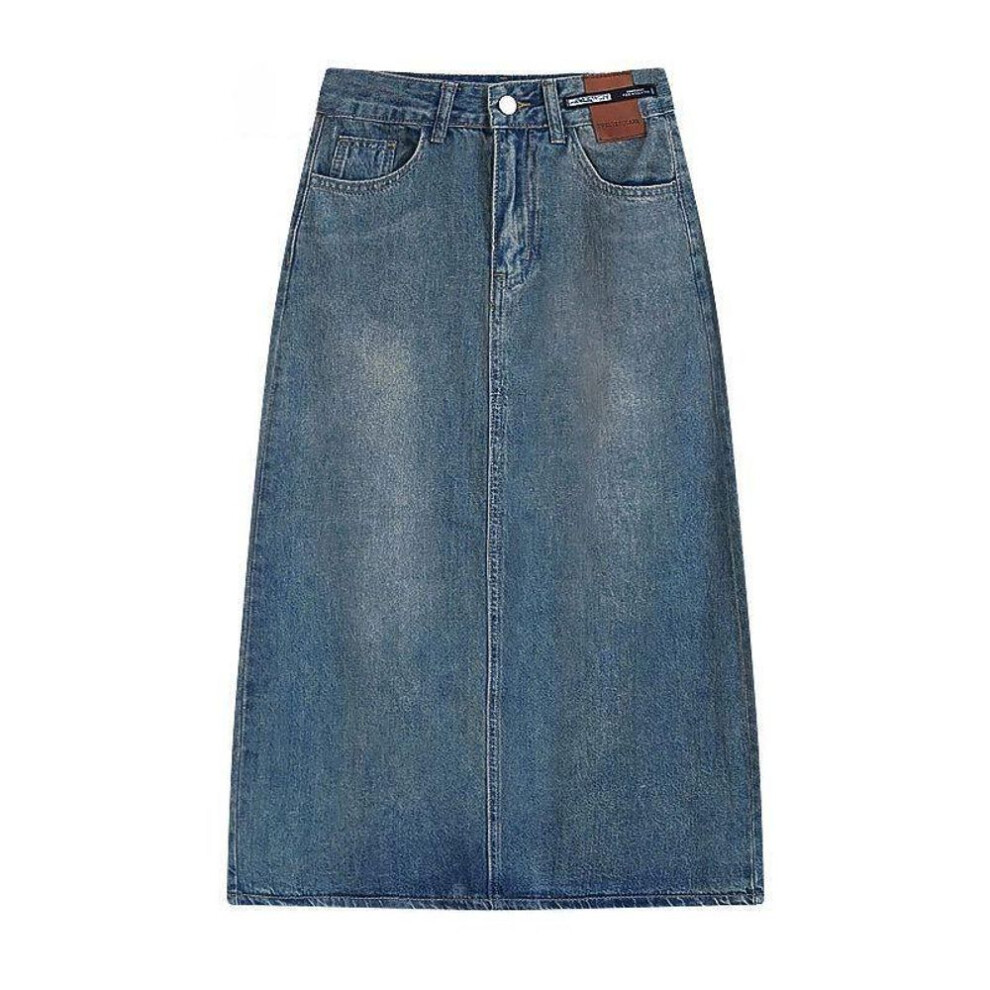 (Large) Women's High Waist Medium-length Denim A-line Skirt with Back Slit - Casual, Internet Celebrity Style