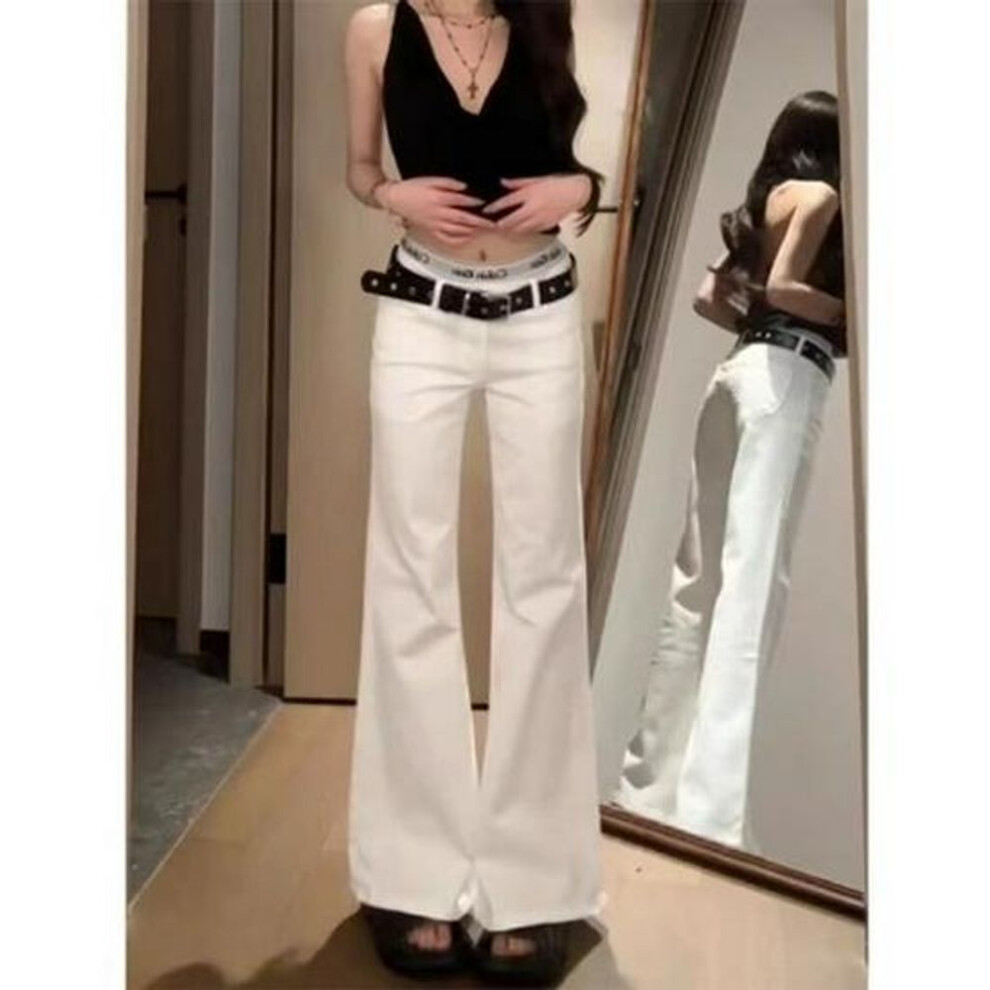 (white, Extra Small) Women's Black Low-waist Flared Jeans - Retro American Style, Loose Fit, Slim Wide-leg, Long Pants For Summer