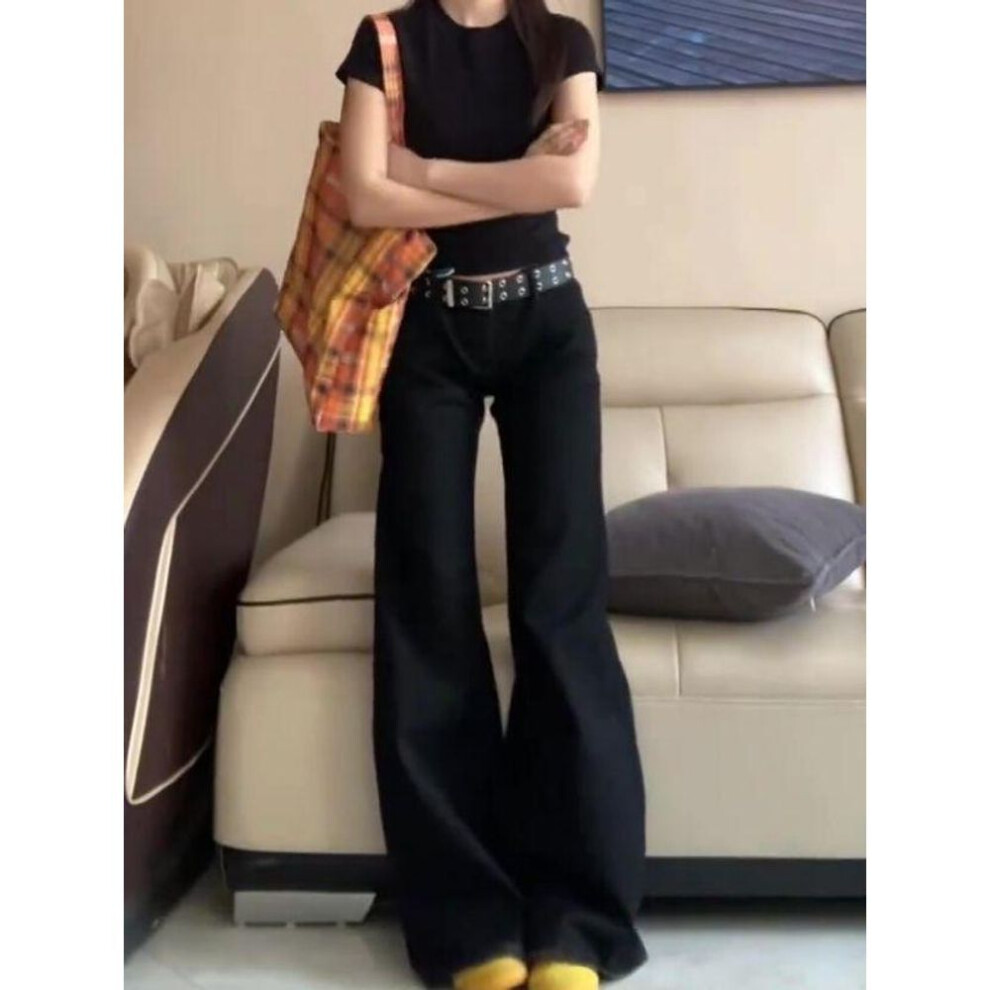 (black, Extra Small) Women's Black Low-Waist Flared Jeans - Retro American Style, Loose Fit, Slim Wide-Leg, Long Pants for Summer