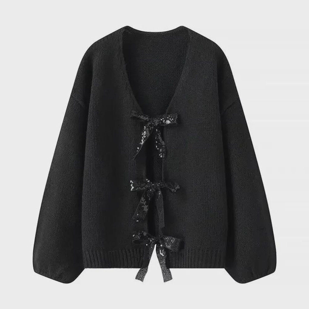 (black, Small) 2024 Spring Women's Sequined Bowknot Loose Knitted Cardigan Sweater