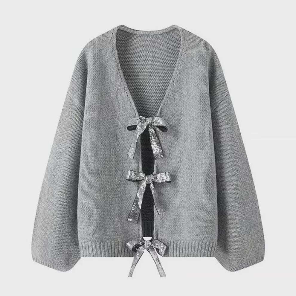 (gray, Large) 2024 Spring Women's Sequined Bowknot Loose Knitted Cardigan Sweater