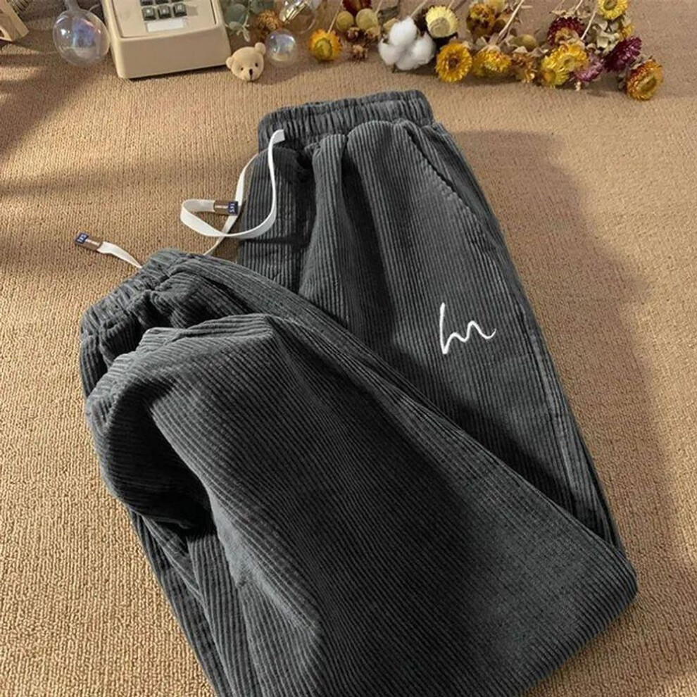 (gray, Extra Large) Women's Embroidered Corduroy Straight-Leg Pants - Spring & Autumn Student Style, Slimming Salt-Line Leggings