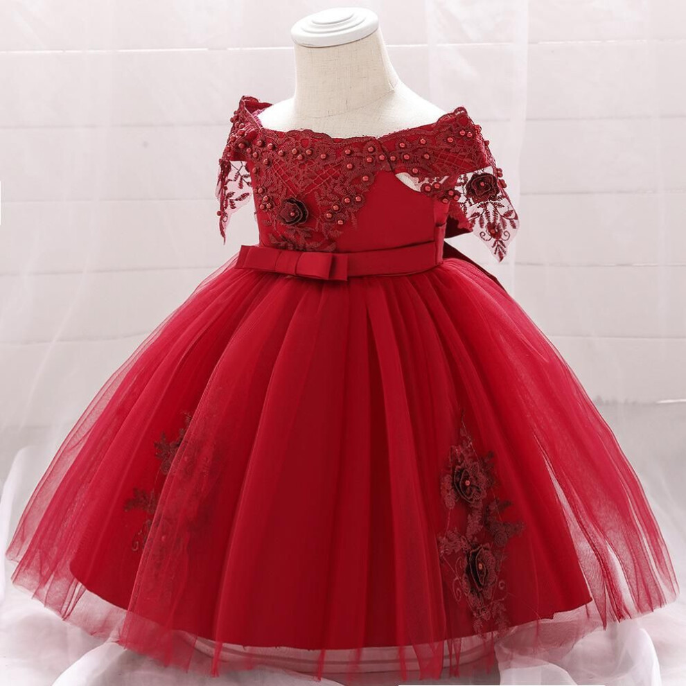 (maroon, 80cm) "one-shoulder Fluffy Baby Christening Dress With Beaded Flower And Bow