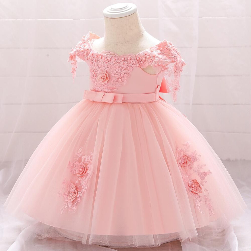 (pink, 90cm) "One-Shoulder Fluffy Baby Christening Dress with Beaded Flower and Bow