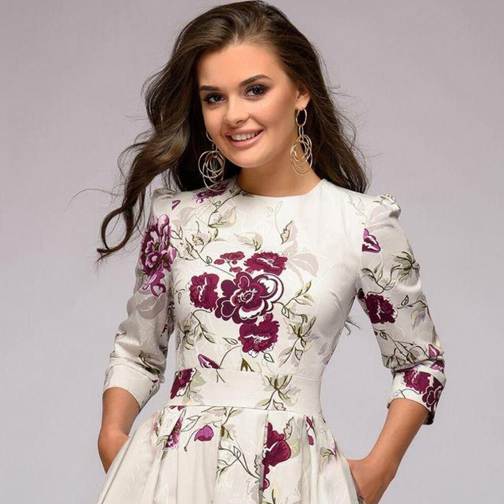 (beige, Extra Large) "european Fashion Women's 3/4 Sleeve Print A-line Pleated Dress