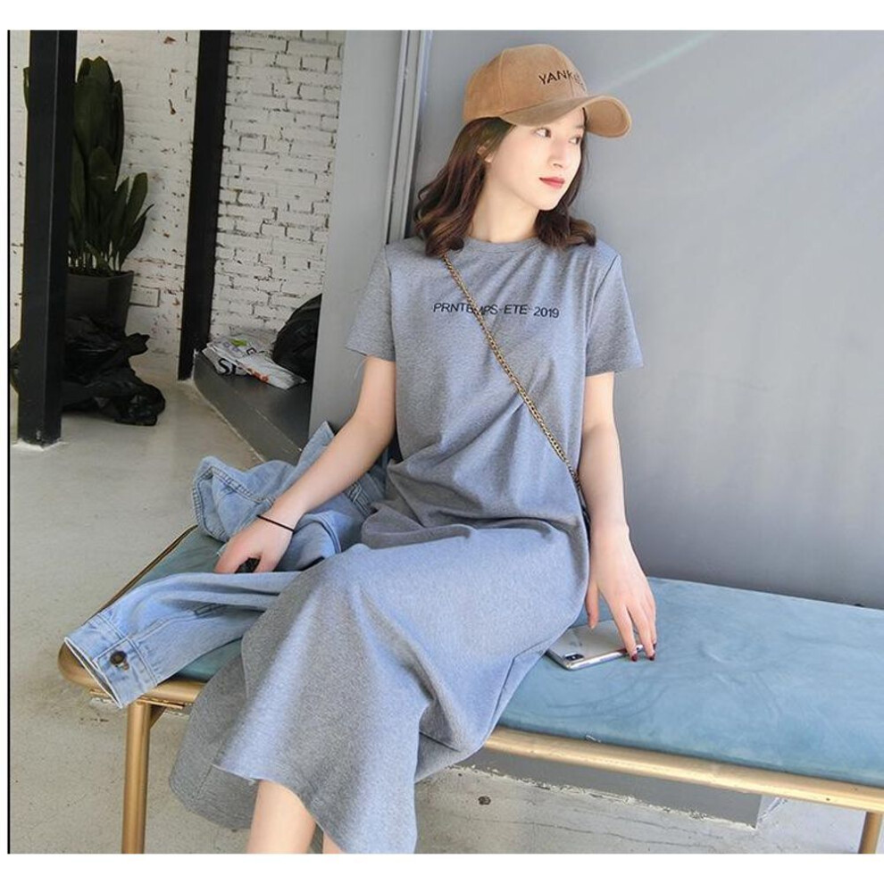 (gray, M) Women's Casual Knee-Length Black Slit Dress, Short Sleeves, Slim Fit