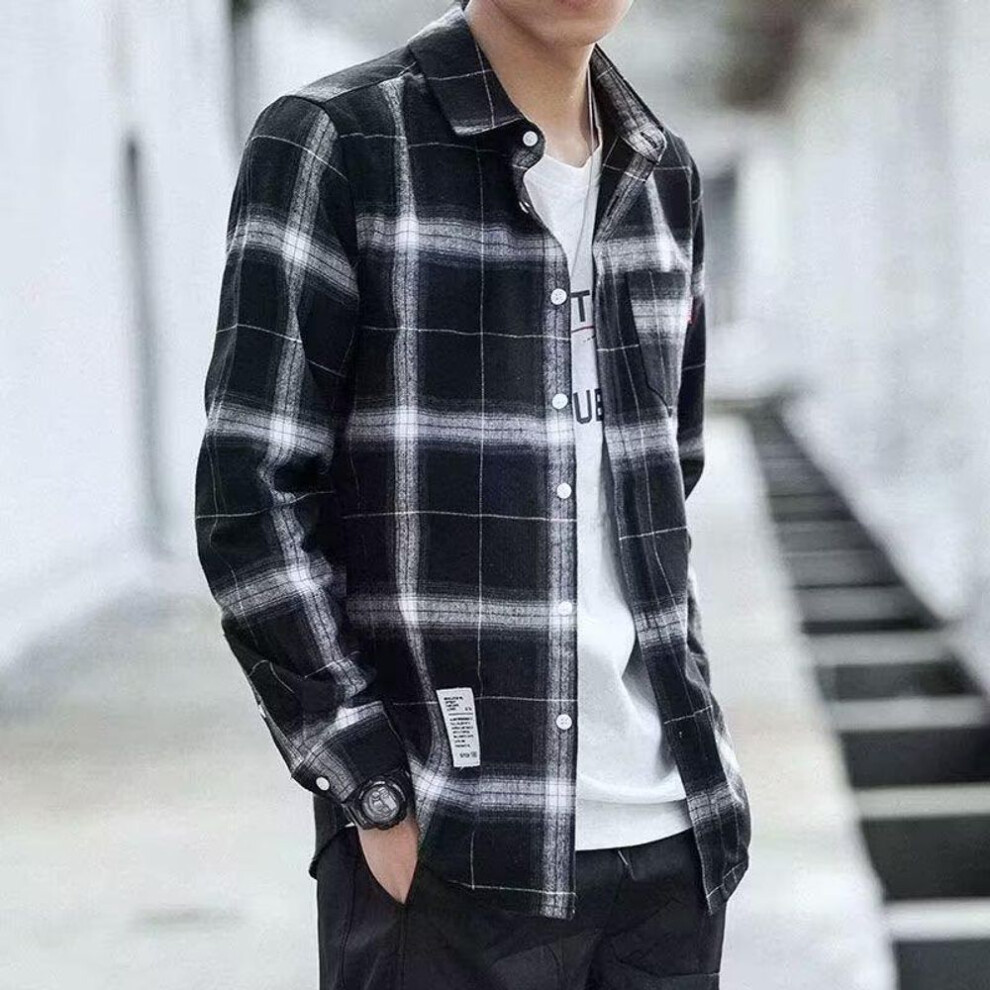 (black, 2XL) "Men's Plaid Long Sleeve Shirt in Hong Kong-Korean Style – Trendy Youth Fashion