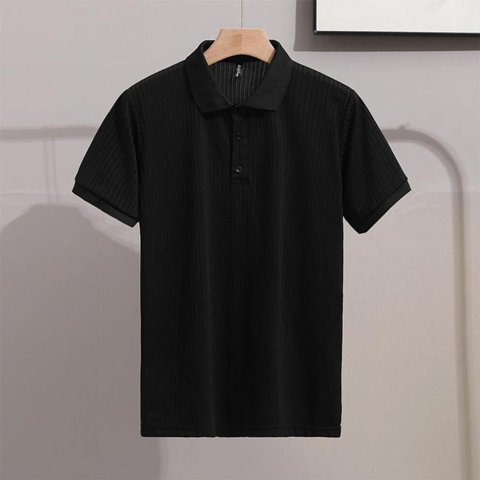 (black, XL) Men's Classic Striped Slim Fit Polo Shirt - Breathable Ice Silk, Short-Sleeve Lapel Casual Wear.