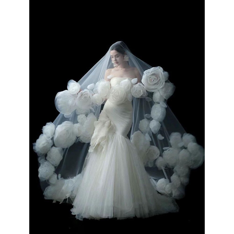 (3m Width 3.5m Length) Romantic Rose Flower Bridal Veil for Wedding Photography - Headdress Hair Accessory