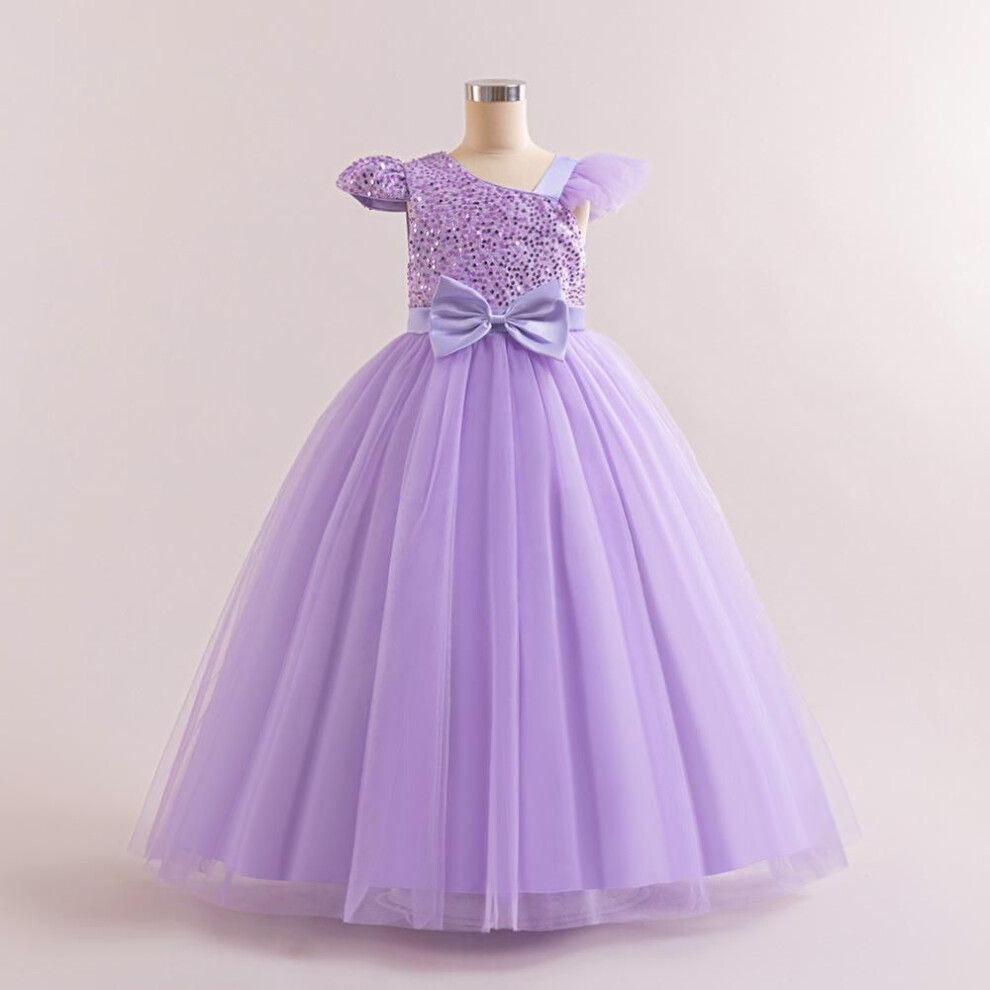 (light purple, 160cm) Girls' Sequined Mesh Tutu Dress With Small Flying Sleeves & Bow - Evening & Flower Girl Princess Dress
