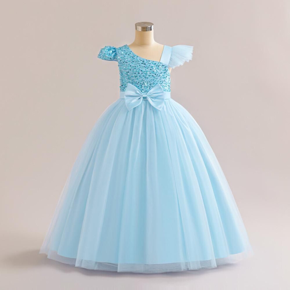 (sky blue, 150cm) Girls' Sequined Mesh Tutu Dress with Small Flying Sleeves & Bow - Evening & Flower Girl Princess Dress