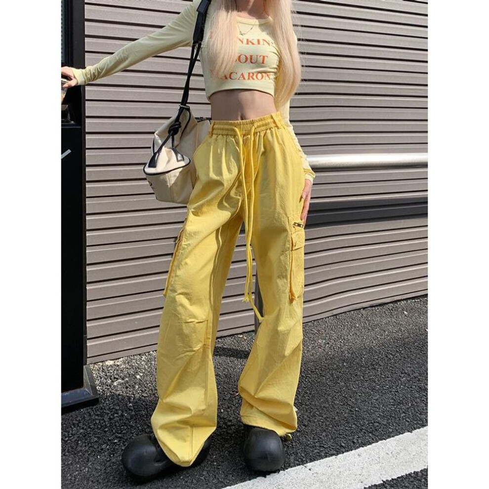 (yellow, Large) "Women's American Dopamine-Colored Overalls: 2023 Spring/Autumn Sweet & Cool Loose High-Waist Wide-Leg Pants