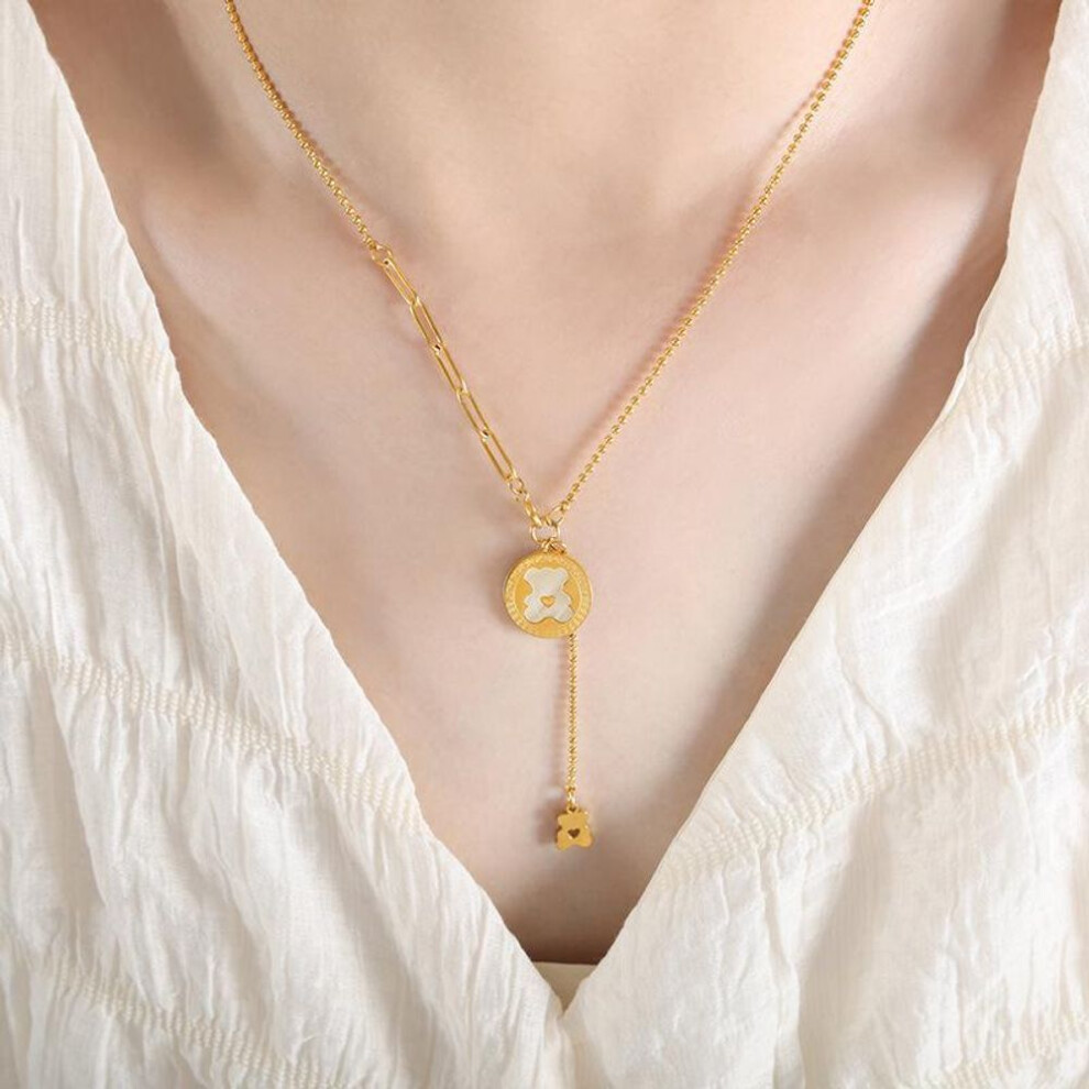 Japanese & Korean Cartoon Bear Gold-plated Necklace With Tassel - Sweet Titanium Steel Jewelry