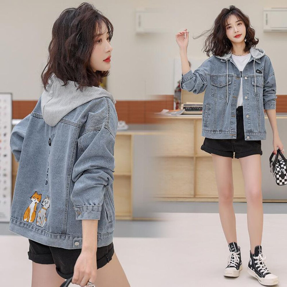 (3XL) Women's Embroidered Denim Hooded Jacket - Spring/autumn 2025 Korean Style Loose-fit Long-sleeve Baseball Jacket