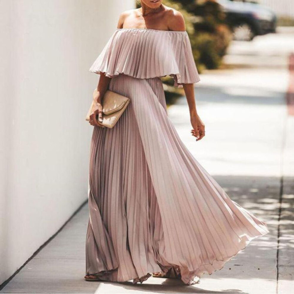 (pink, XXL) "2025 Summer Women’s Chiffon Off-shoulder Pleated Evening Dress
