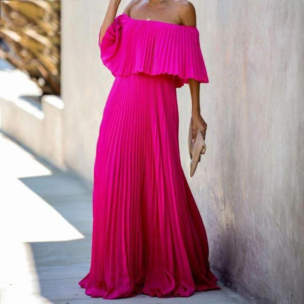 (rose red, M) "2025 Summer Women’s Chiffon Off-shoulder Pleated Evening Dress