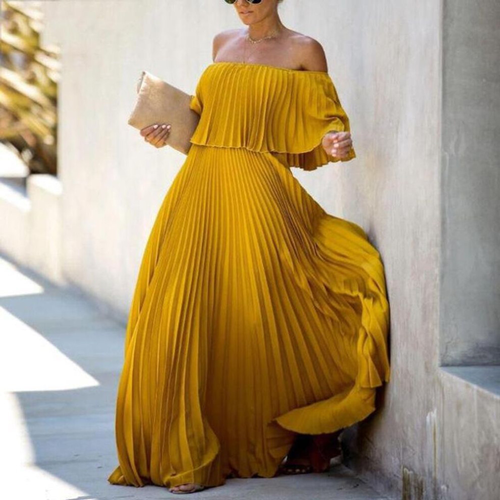 (yellow, M) "2025 Summer Women's Chiffon Off-shoulder Pleated Evening Dress