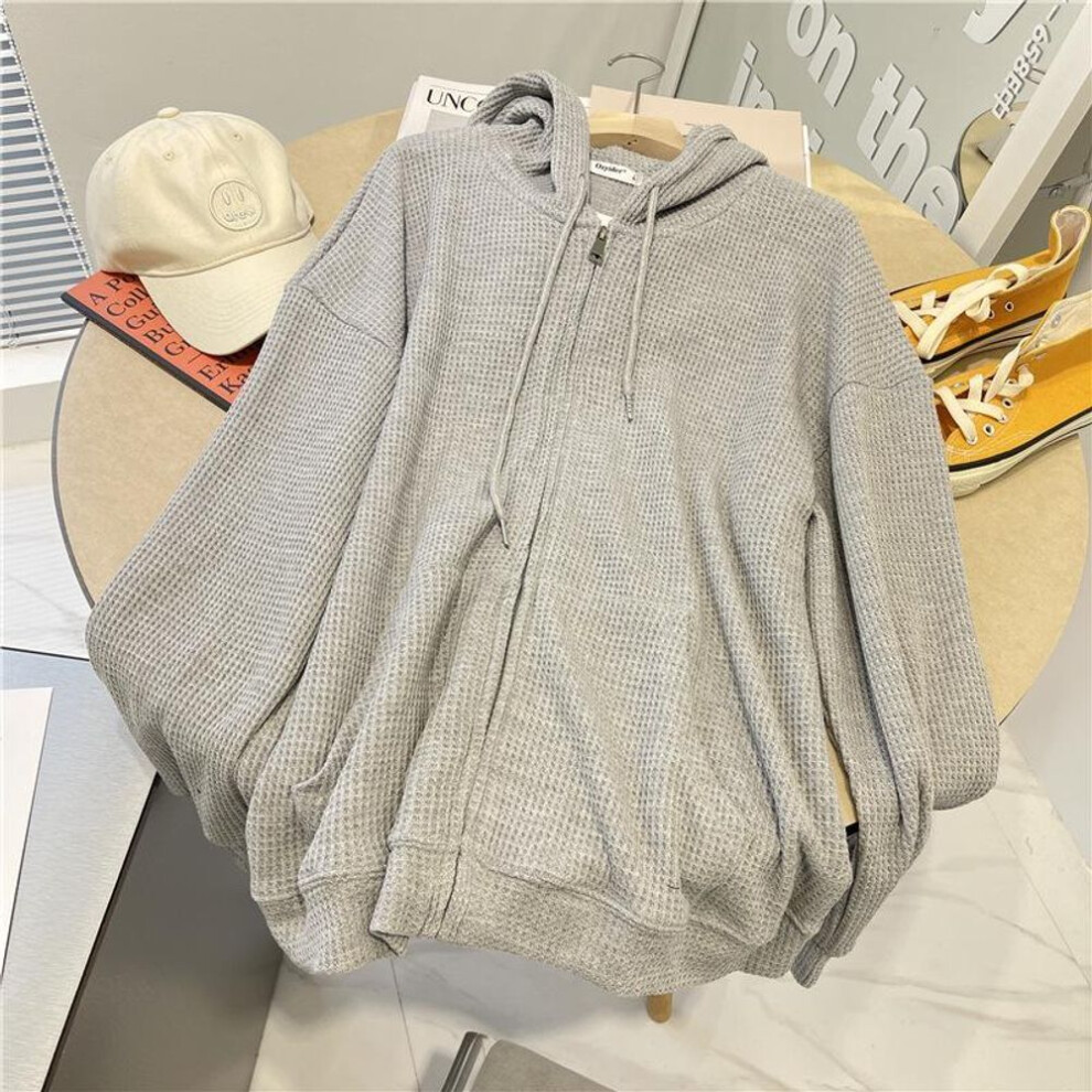 (gray, Medium) Women's Waffle Hooded Sweatshirt - New Loose Slim-Fit Zipper Cardigan for Autumn & Winter