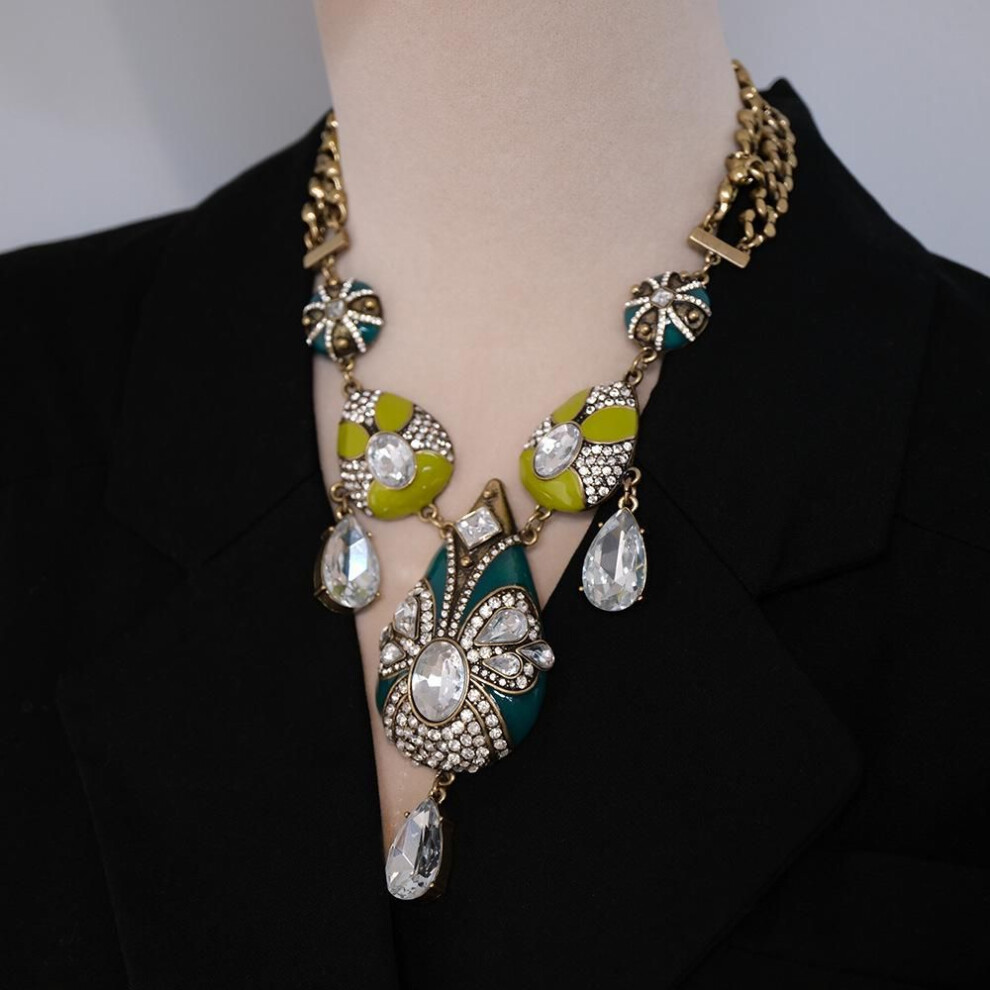 (Electroplated) European & American Vintage Palace Enamel Crystal Teardrop Necklace