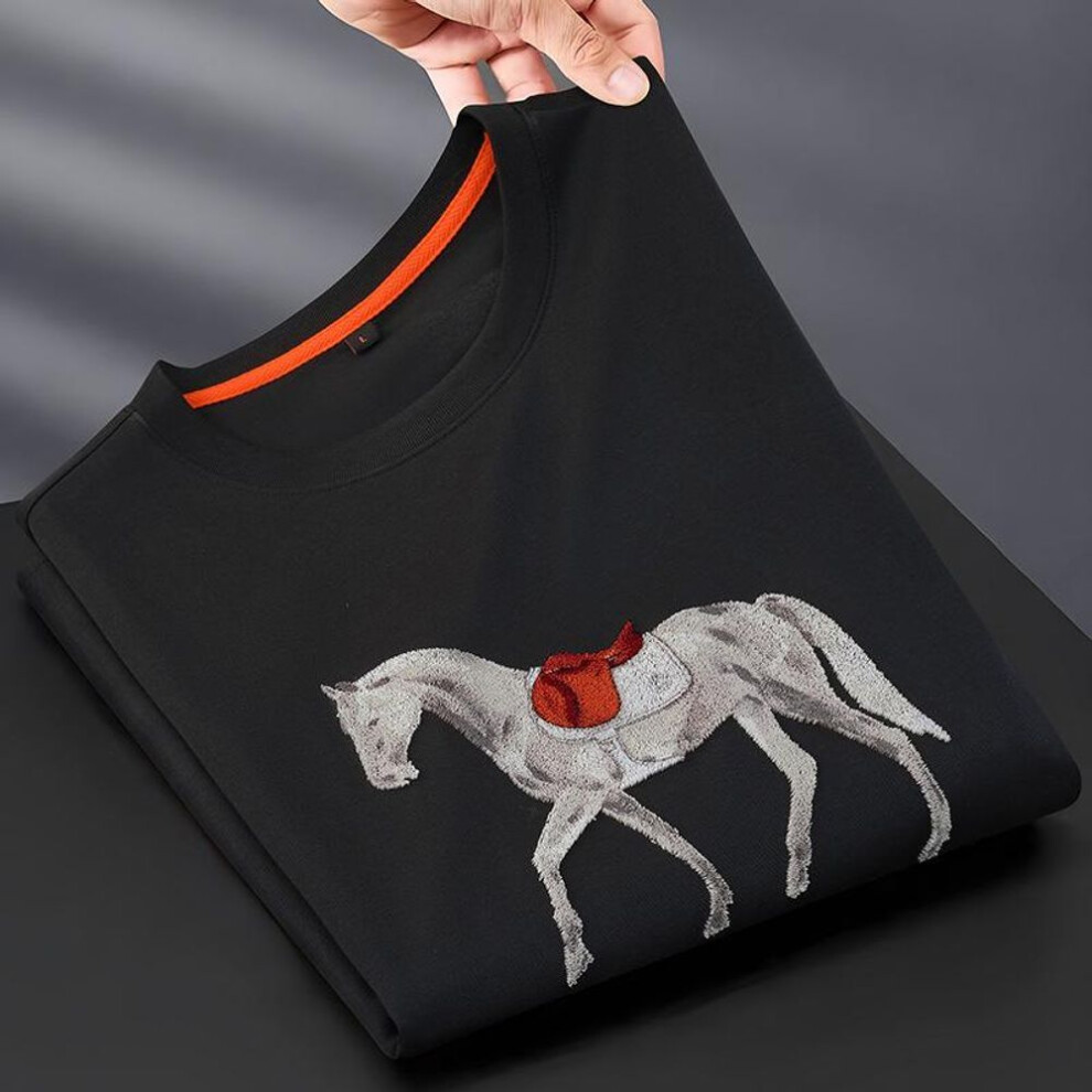 (black, XL) "European Light Luxury Embroidered Warhorse Men's Ice Silk T-Shirt – Short-Sleeved, Breathable, Round Neck, Trendy Summer Style