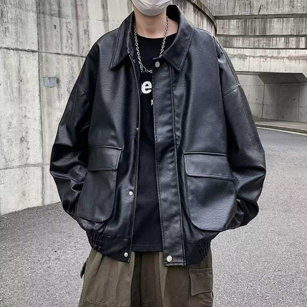 (black, XL) Men's Trendy Hong Kong Style Leather Motorcycle Jacket - Loose Fit, Handsome Workwear Parka