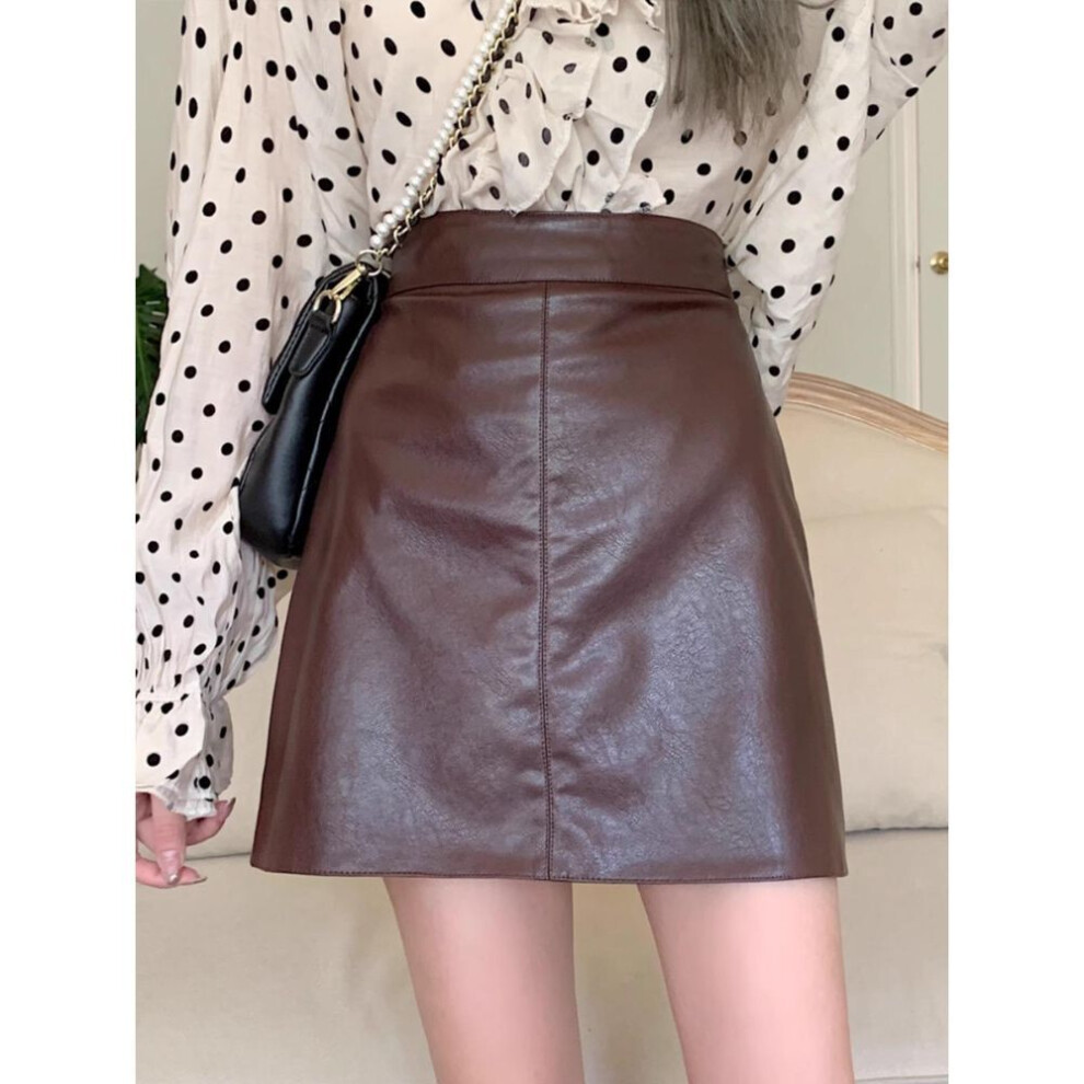 (coffee, XL) "2023 Autumn/Winter Women's High Waist Slim Black PU Leather Skirt - Short, Casual, Korean Style