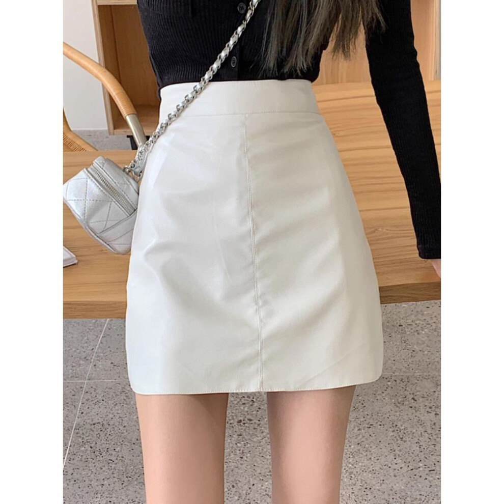 (apricot, XXL) "2023 Autumn/Winter Women's High Waist Slim Black PU Leather Skirt - Short, Casual, Korean Style