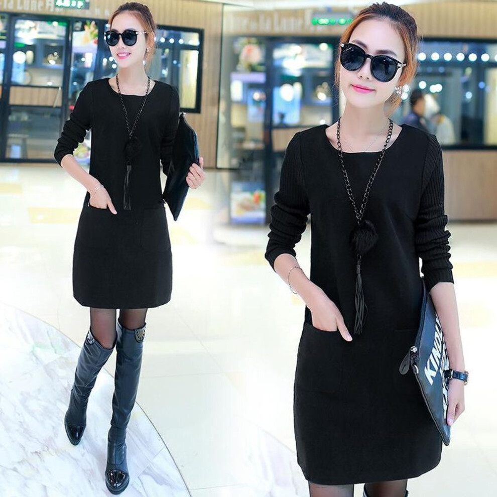 (black, M) 2022 Autumn/Winter Women's Faux Two-Piece Plus Size Korean Sweater Dress with Velvet Trim