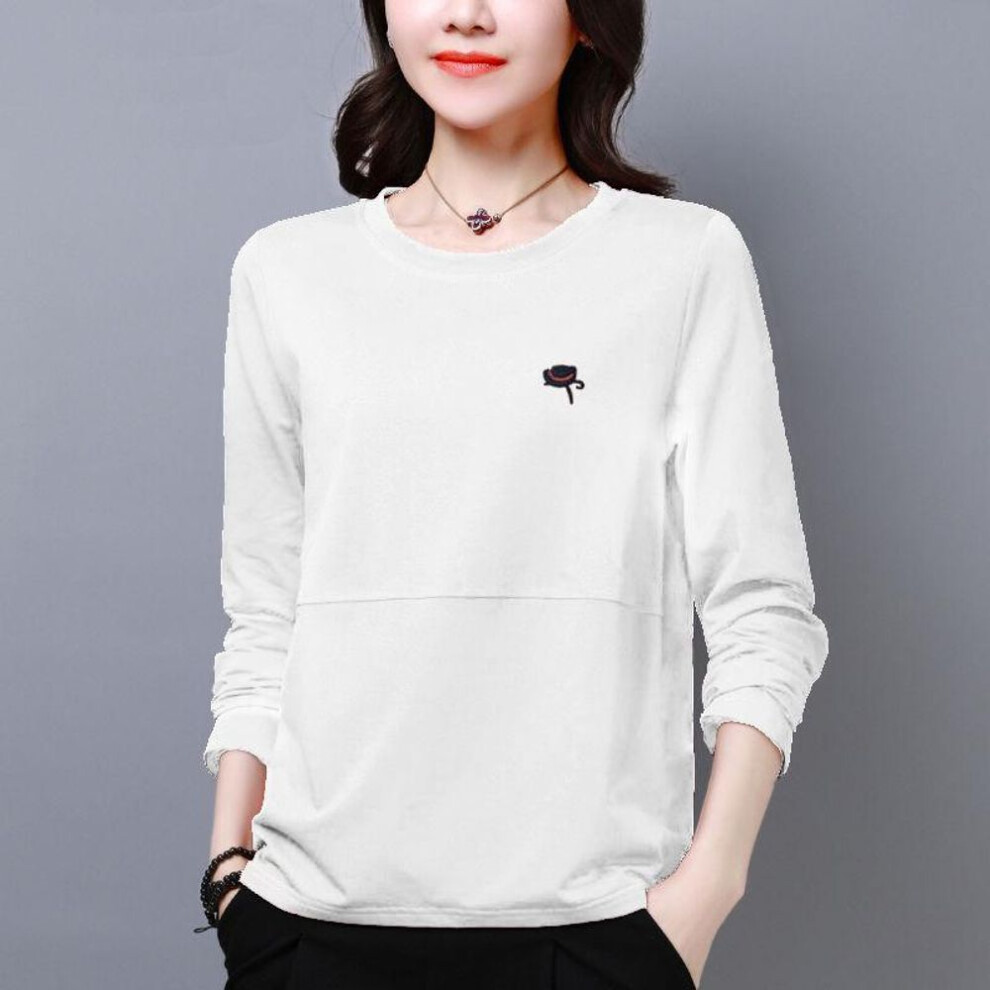 (white, 4XL) "autumn Korean Style Plus Size Women's Long-sleeve Loose Fit T-shirt With Belly-covering Slim Design