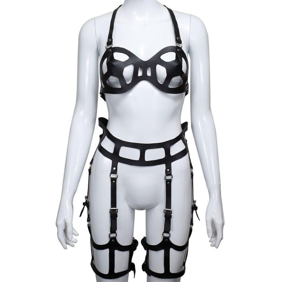 Maxpower Black Faux Harness Bra Set With Garters